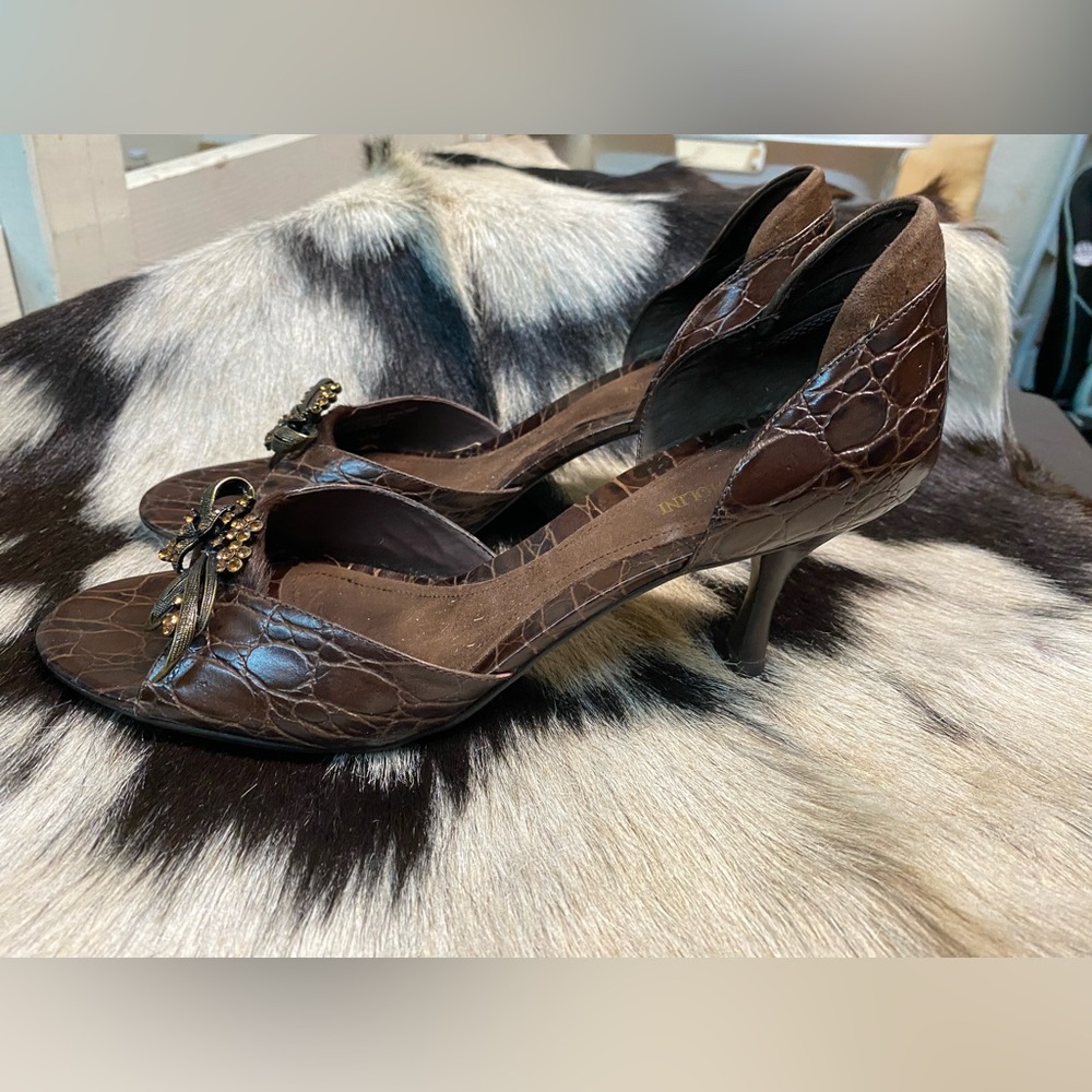 Enzo Angiolini Embossed Leather Strappy Kitten Heels with Rhinestone Buckle
